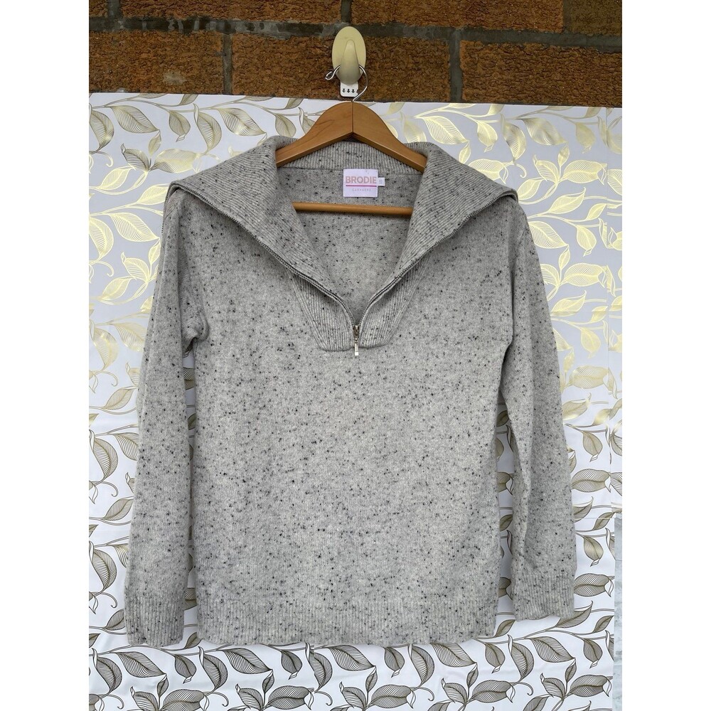 BRODIE 100% Cashmere Donegal Speckled Sweater | Light Academia Half Zip XS